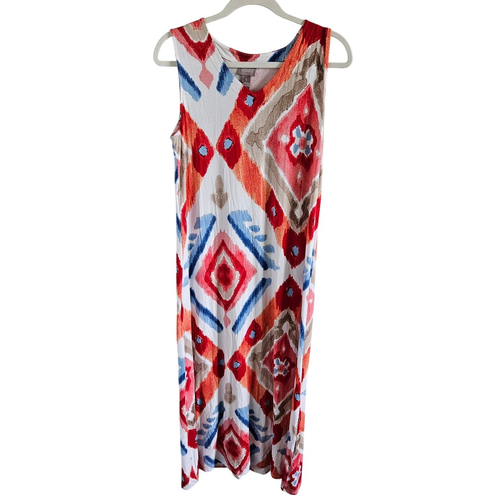 Chico's Geometric Ikat Print Sleeveless Maxi Dress Red Blue Size M (Chico 1)